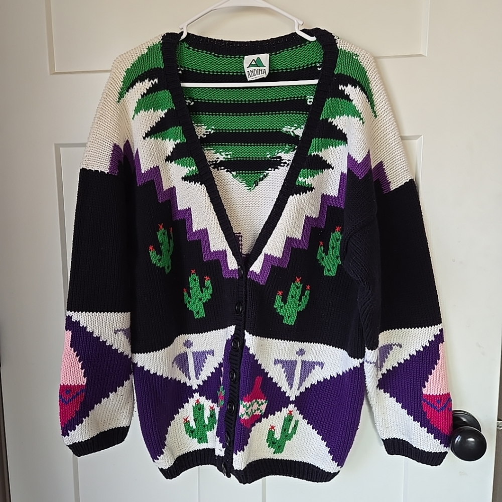 Geometric Black and Purple Cardigan Sweater